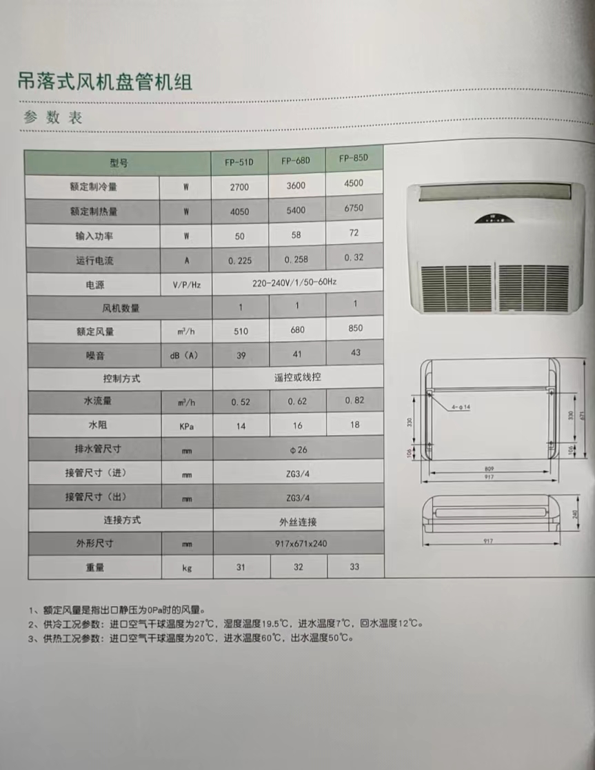 吊落式风机盘管，坐吊式空调器，生产厂家参数/规格(图1)